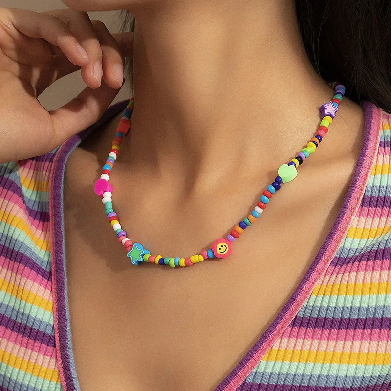 

Fashion Rainbow Color Necklace Women's Personality Multilayer Clavicle Bead Chain Creative Jewelry Beach Travel Necklace Women