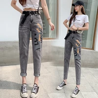 women korea free belt letter print jeans spring autumn high waist slim body pencil pants 2021 woman oversize black grey jeans