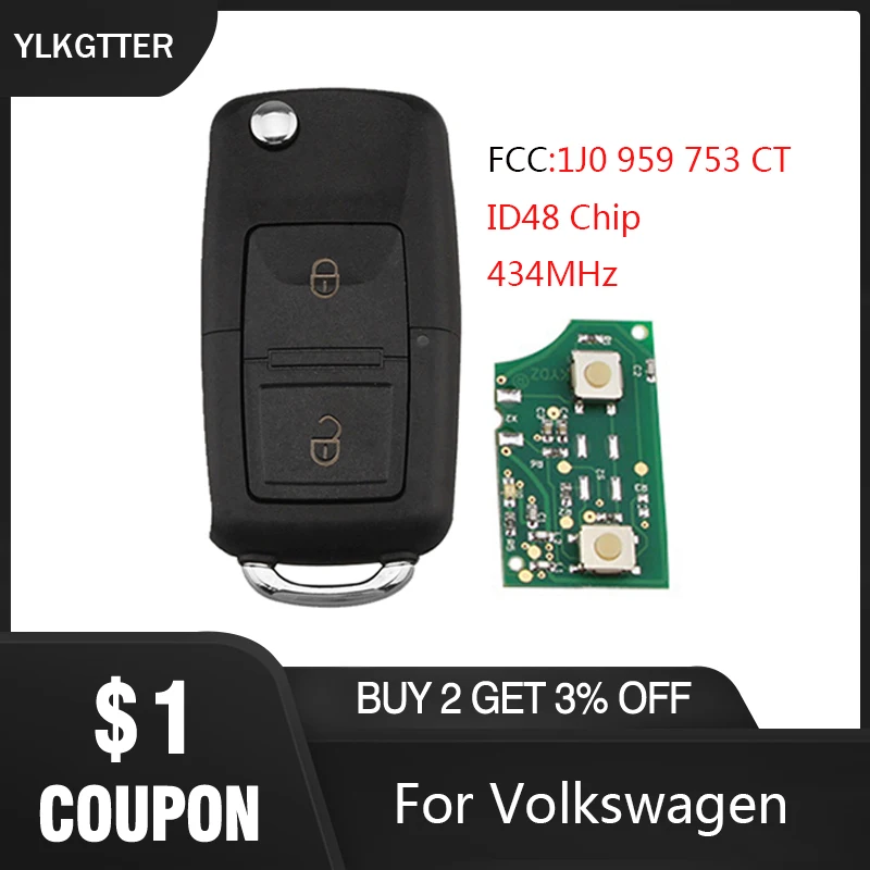 YLKGTTER 434MHz 1J0 959 753 CT дистанционный ключ для VW/Volkswagen Bora Polo Golf 4 MK4 Transporter с ID48 чипом HU66 Uncut Blade
