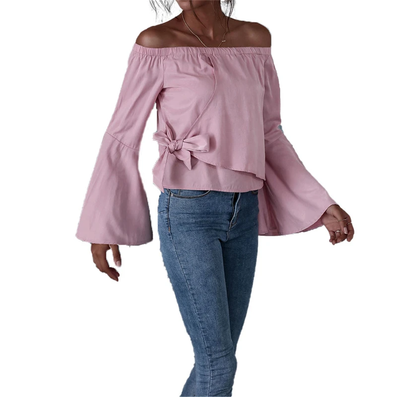

Fashion Women Sweet Off Shoulder Blouses Long Flared Sleeve Bowknot Wrap Pink Tops undefined