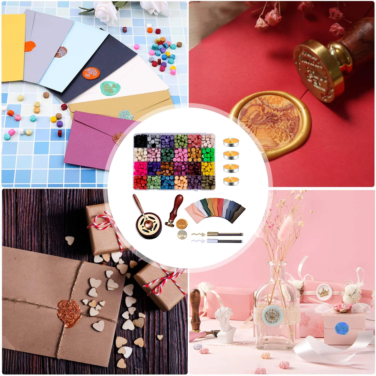 

24 Colors Retro European Flower Fire Paint Seal Wax Seal Stamp Head Wooden Handle Set For Wedding Invitation Signature Kids Toy