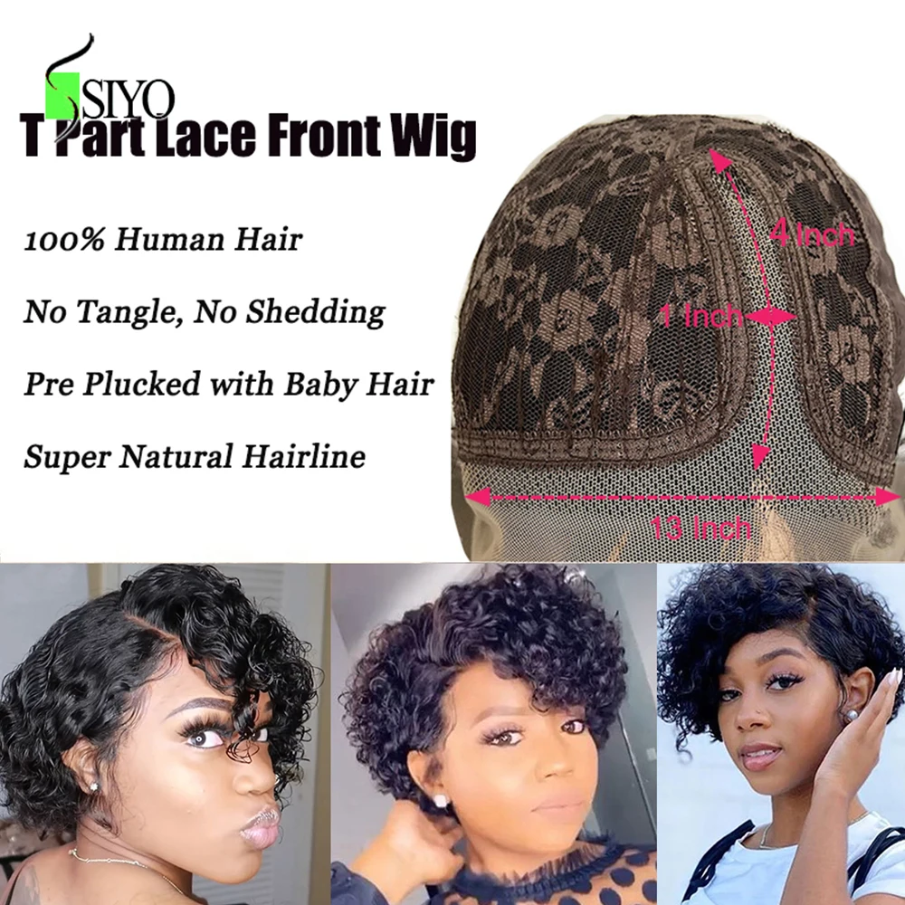 Siyo Malaysian Water Wave Human Hair Wigs 13x4x1 Lace Closure for Black Women Short Curly Bob Pre Pluck Pixie Cut Wig | Шиньоны и