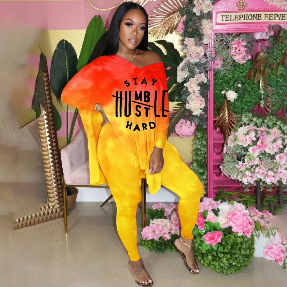 

Casual Two-Piece Women's Dashiki Letter V-Neck Long Sleeve Split T-Shirt Small Foot Pantsuit African Suit For Spring Fall 4XL