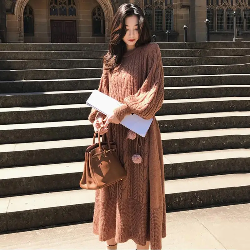 2020 Autumn Winter Lantern Sleeve Long Women Dresses Female Knitted Warm Dress Ladies A Line Knit Pullover Sweater Vestidos E13 | Женская