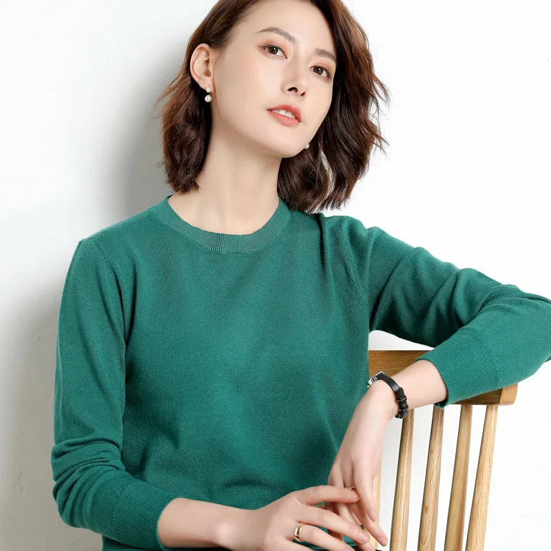 

2021 Basic Round Neck Pure Color Fall/Winter Pullover Women's Knitted Warm Stretch Slim Long Sleeve Girl Sweater All-match Multi