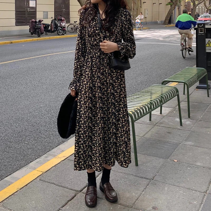 Женские повседневные платья в стиле ретро с длинным рукавом черные шифоновые