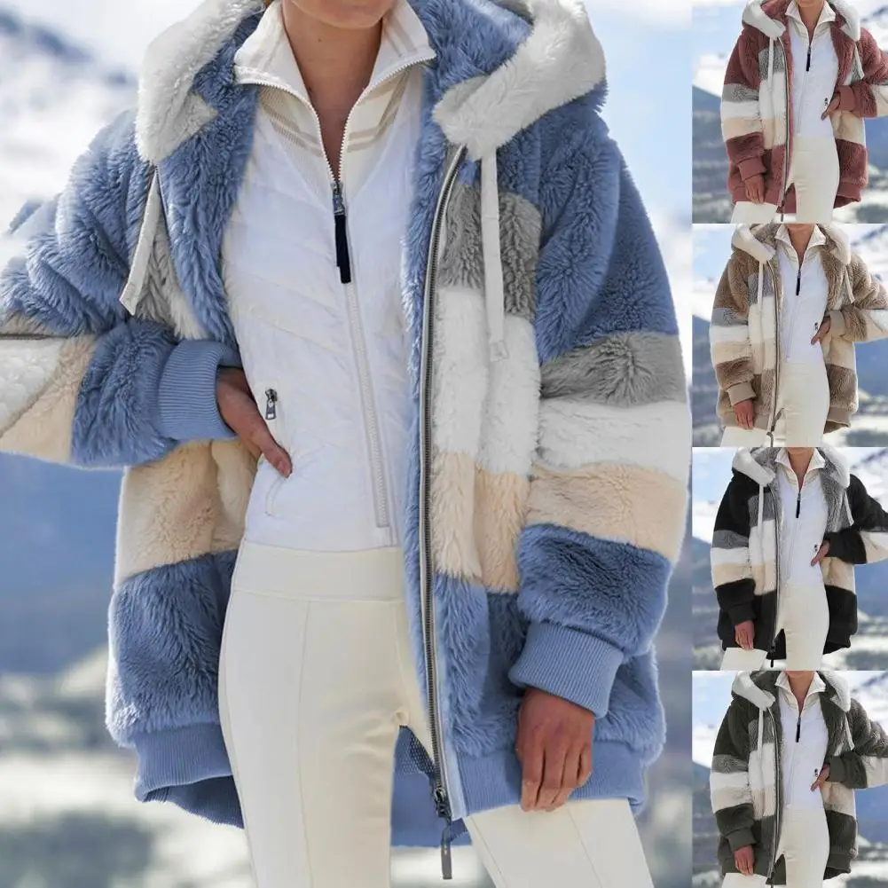 

Winter women's warm jacket contrast color hooded women's loose plush soft zipper jacket daily soft casual women's jackets traf
