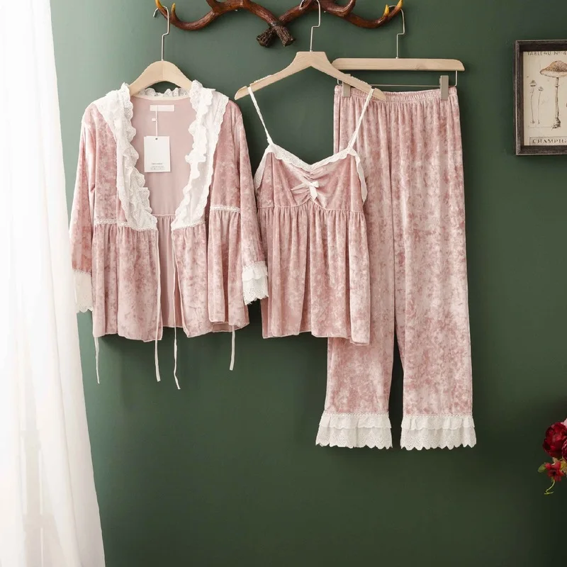 

Korean Version of The New Autumn and Winter Women's Velvet Three-piece Pajamas Set with Home Service Nuisette Femme Dormir Tops
