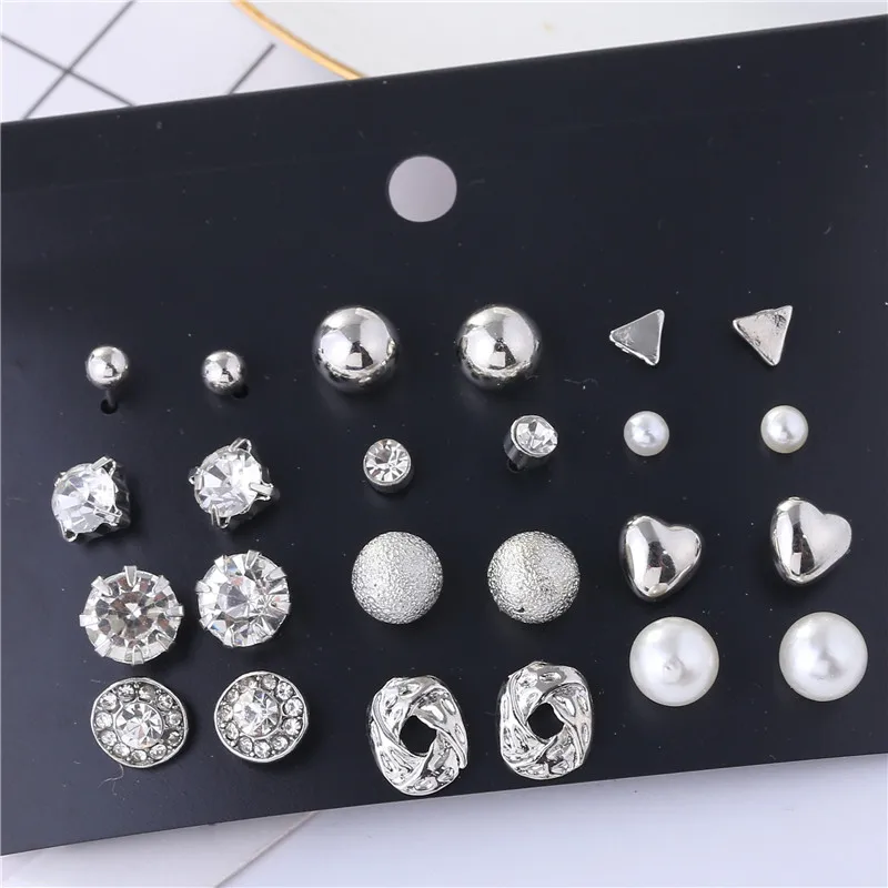 silver 12 пар/упак. металлические серьги-гвоздики золотого и серебряного цвета, набор кристаллов, серьги для пирсинга для женщин, элегантные ювелирные изделия, модный подарок - Окраска металла: silver