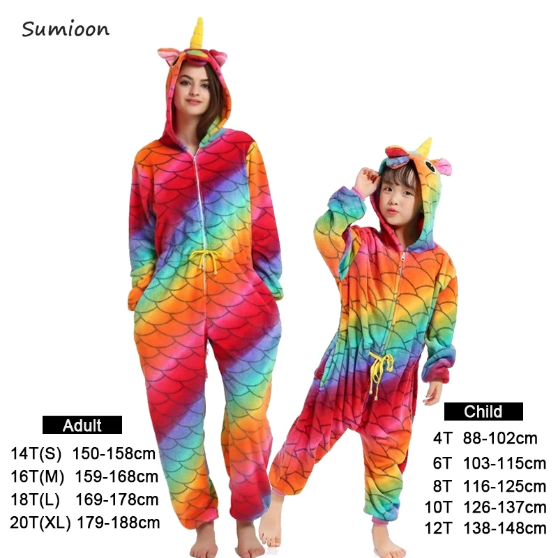 Fish scale unicorn Пижамы кигуруми для мальчиков и девочек, пижамы с пандой и единорогом для женщин, Pijimas, взрослые комбинезоны, пижамы с животными, зимние теплые пижамы для детей - Цвет: Fish scale unicorn