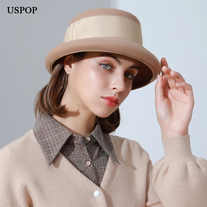 USPOP New 2021 Winter Women Wool Fedoras with Belt 100% Geniue retro elegant wool hat