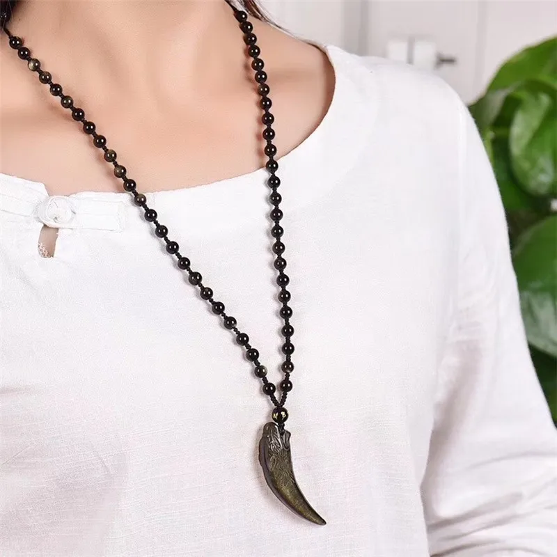 Натуральный камень золотой обсидиан ручная работа резные зубы волка амулет на