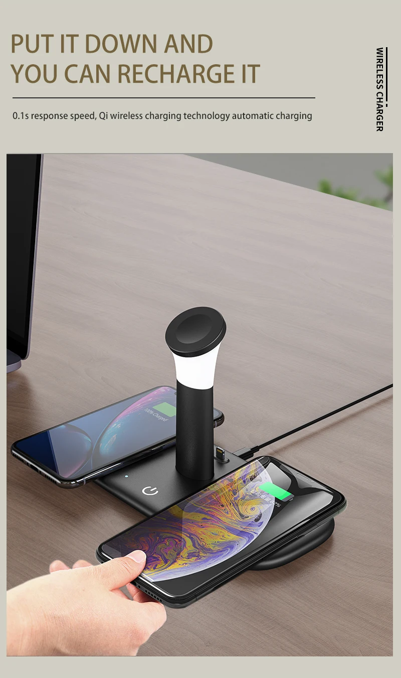Carregador sem Fio para Iphone 5 em 1 com Lâmpada de Luz Rápido xr x 8 Apple Assista Estação Carregamento Doca Airpods Pro Iver 15w qi 12 11 13 assista 5 em 1 com lâmpada de