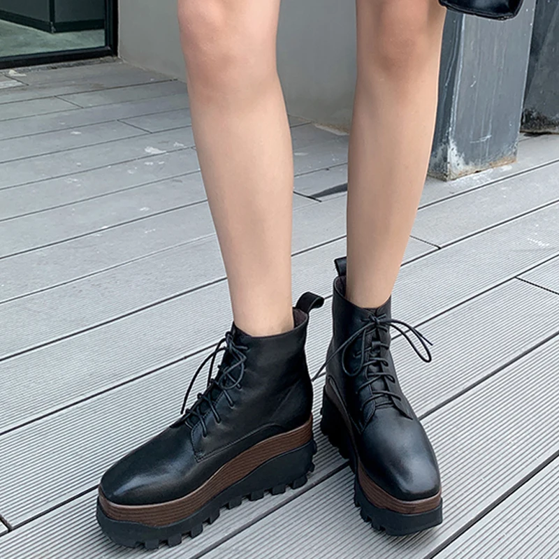 

Height Increasing Martin Boots Real Leather All-match British Style Lace-up Square-toe Thick-soled Wedges Fashion Woman Boots