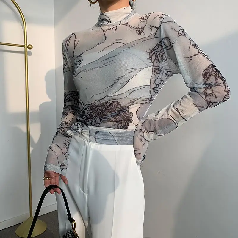 

Turtleneck Mesh Blouse Women Renaissance Print Long Sleeve See Through Top Ladies Sheer Designer Top Clothing