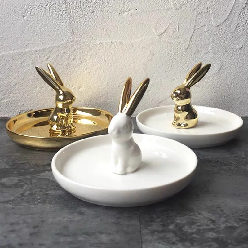 

Nordic Home Decore Ceramic Ring Plate Golden Rabbit Jewelry Plate Animal Home Storage Plates Desktop Cactus Creative Decorations