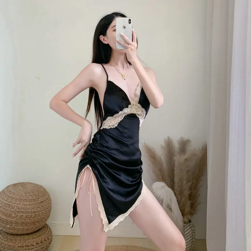 Женские сексуальные черные ночные сорочки кружевное контрастное платье с