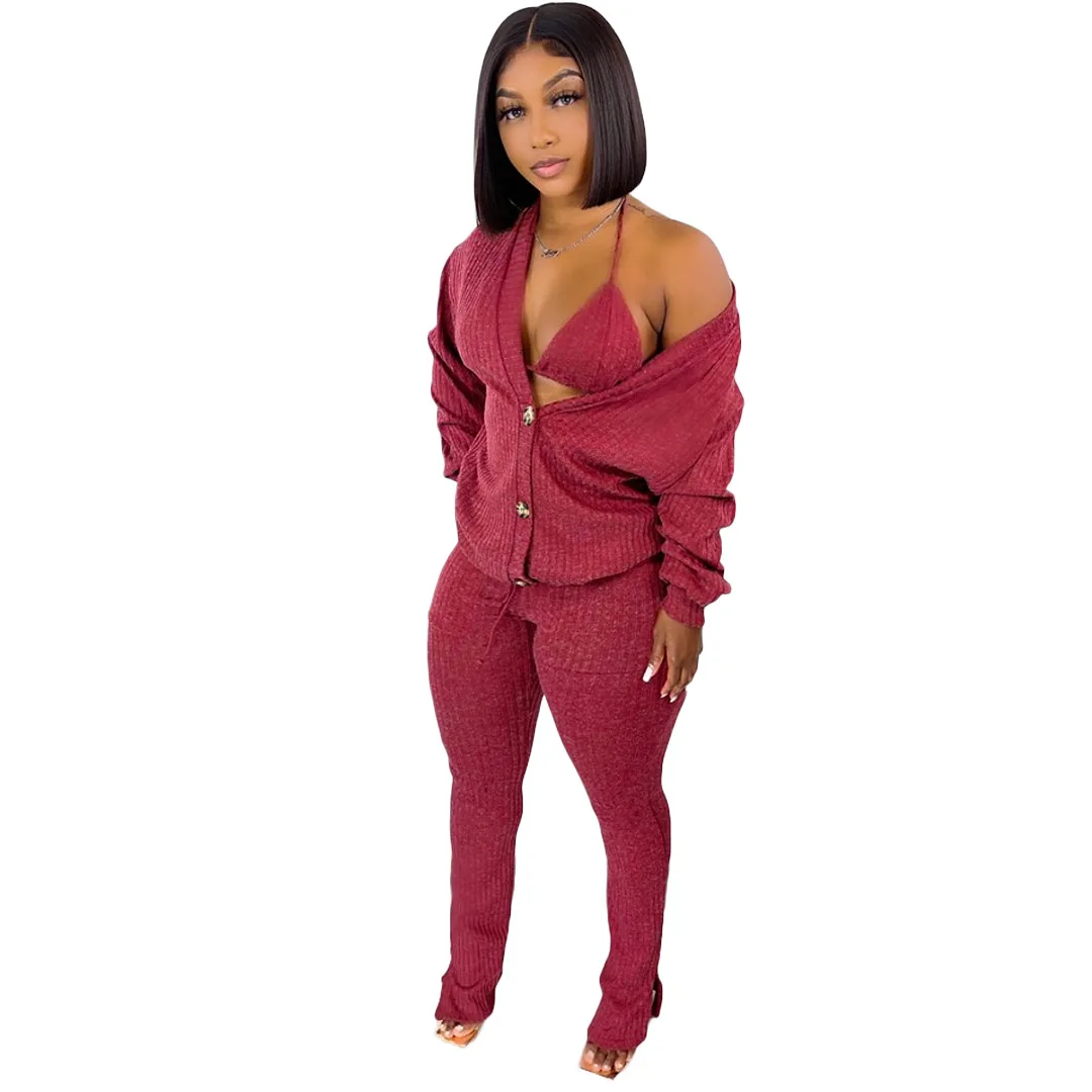 

3 Piece Set Women Knitted Sweaters Cardigan Tracksuits Sets Spring Autumn Sexy Vest Jogging Pants Trousers Suits 2021
