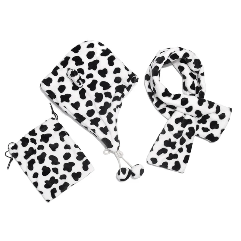 

2021 New Women Winter Fluffy Warm Cow Print Hoodie Earflap Cap Collar Scarf Storage Bag