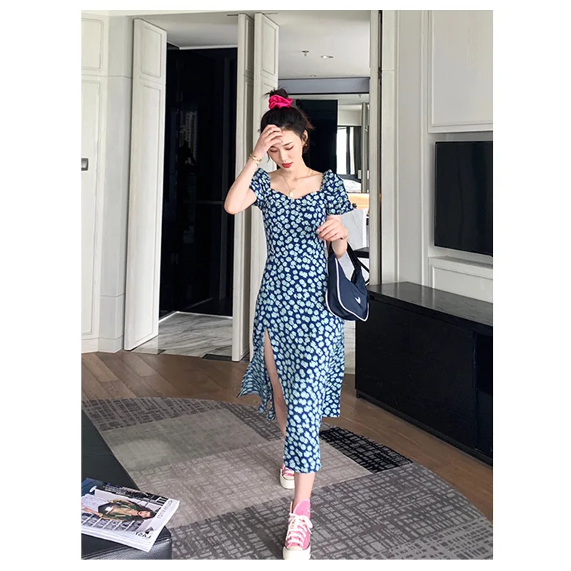 Женские повседневные платья в стиле ретро миди с цветочным принтом квадратным