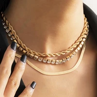 multilayer boho flat blade snake chain shiny rhinestone tennis necklace womens twisted metal crystal necklaces girl jewelry