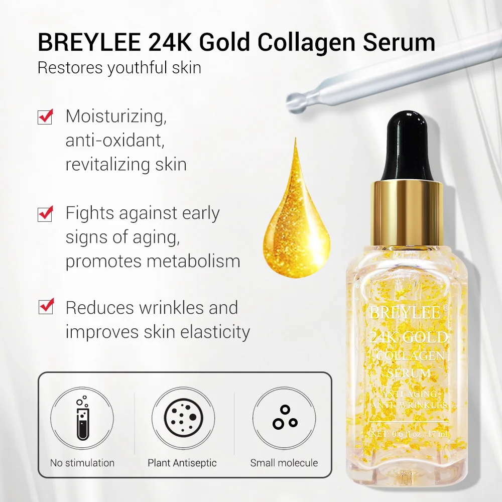 

10PCS BREYLEE 24k Gold Serum Collagen Essence Anti-Aging Anti-Wrinkles Firming Face Skin Care Whitening Moisturizing Liquid