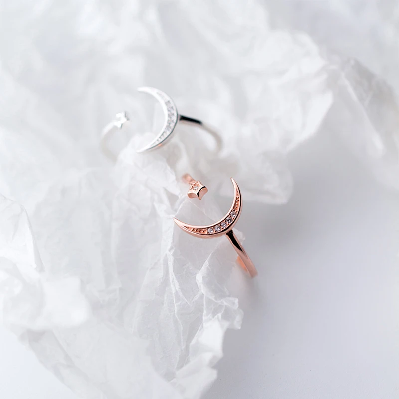 

New Fashion Adjustable S925 Sterling Silver Women Rings Rhinestone Moon Star Wedding Rings for Women Girls Party Wedding Jewelry