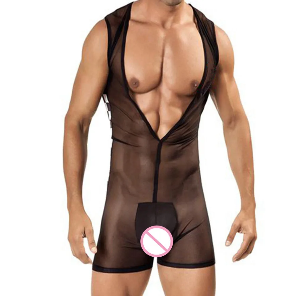 

Прозрачное Сетчатое нижнее белье с глубоким V-образным вырезом, мужское сексуальное черное Эротическое белье без рукавов для танцев на шест...