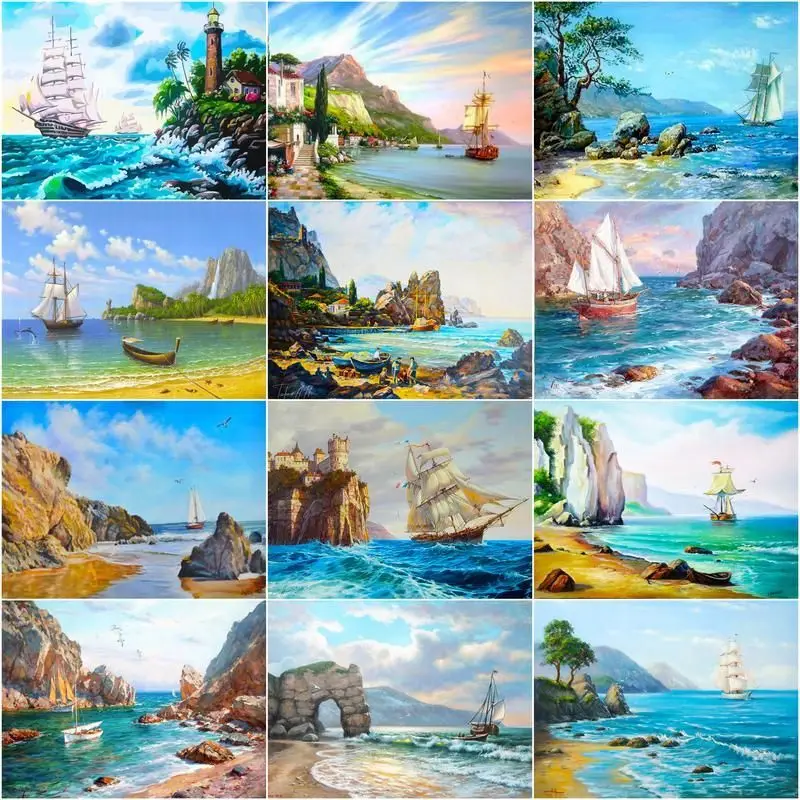 

CHENISTORY Painting By Numbers Sailing Boat Scenery Drawing On Canvas Handpainted Gift Picture By Number Seascape Kits Home Deco
