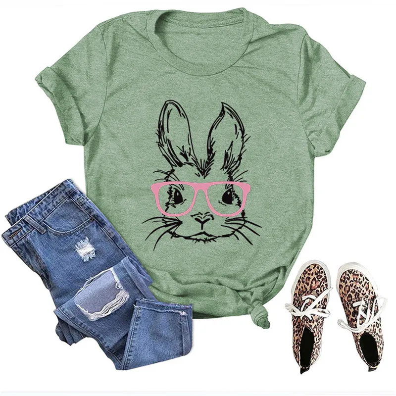 2022 Summer Easter Women's Short Sleeve T-Shirt Casual Cute Rabbit Top T-Shirt Print Cotton Women's Simple