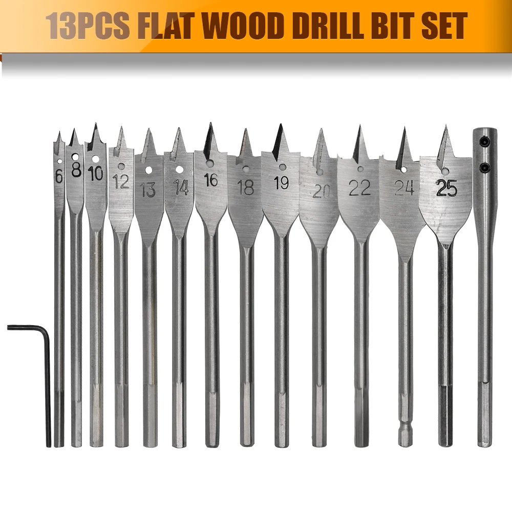 

13PC Wood Drill Bit Set Flat Spade Extension Shank Hex Hole Cutting Borer Titanium Coated Woodworking Power Tool New