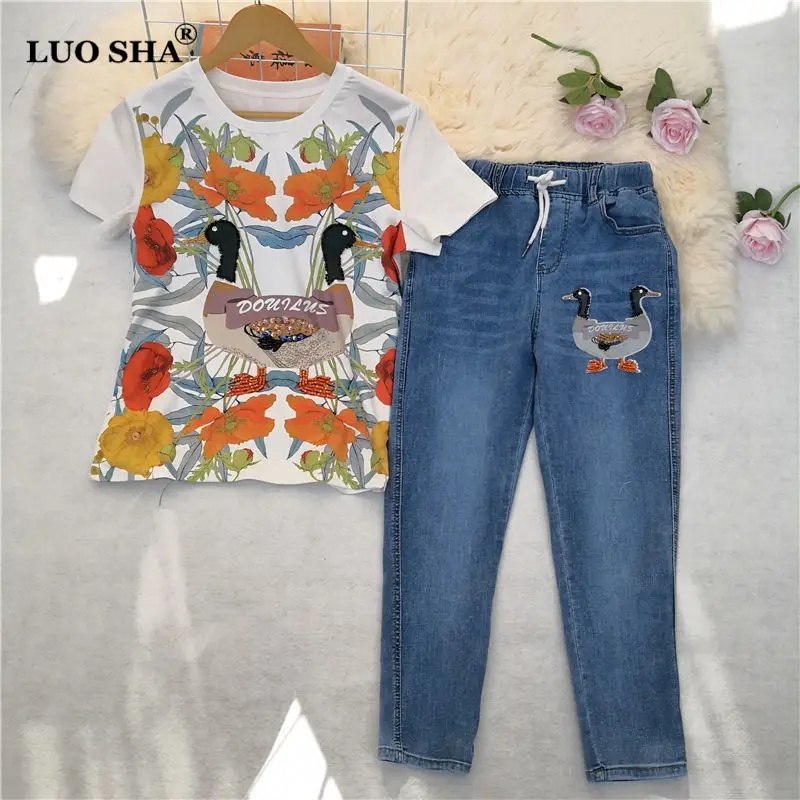 Комплект из двух предметов LUOSHA шелковая Лоскутная футболка с блестками и цветами