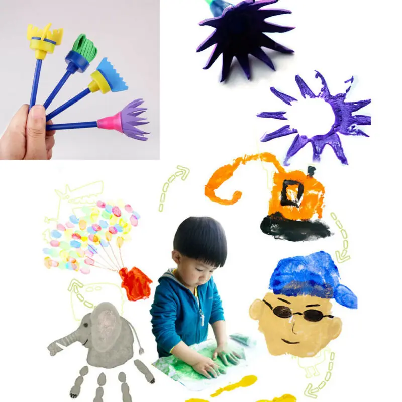 Hot 4Pcs/lot Sponge Painting Brush Flower Stamp Kids DIY Graffiti Drawing Toys