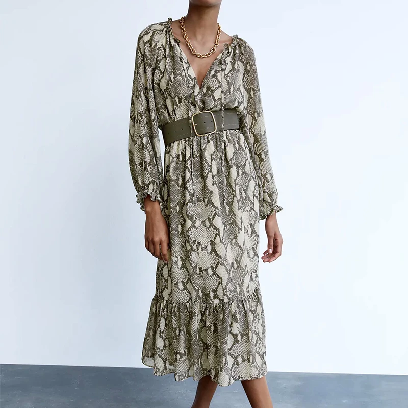 

Za 2021 Autumn Women Animal Pattern Print Midi Dress With Belt Long Sleeve Ladies Vintage Dress BB1961