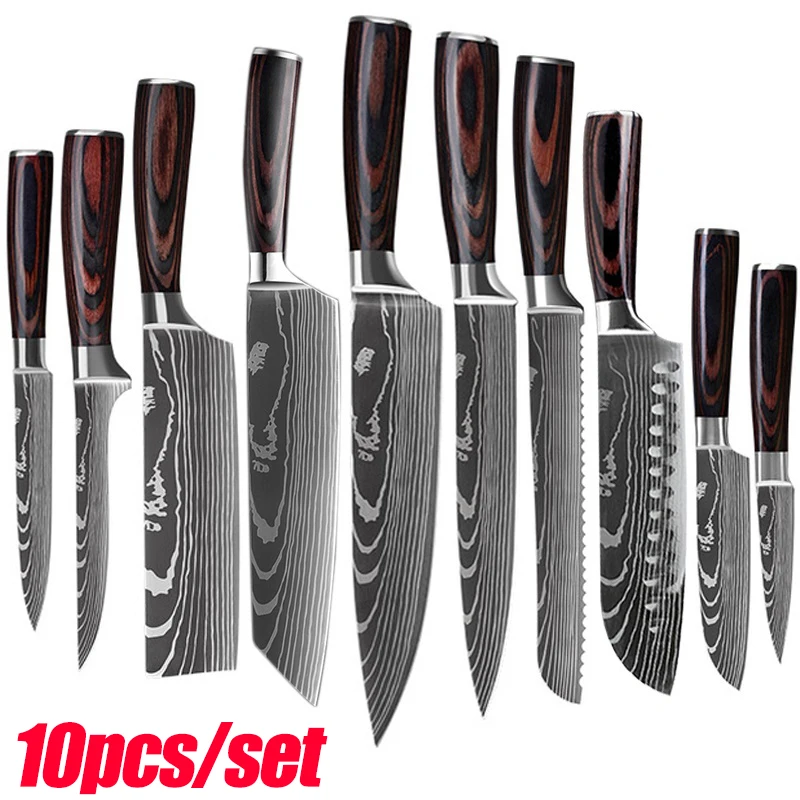 

10pcs Damascus Kitchen Knife Set Laser Pattern Professional Chef Knives 440C Stainless Steel
