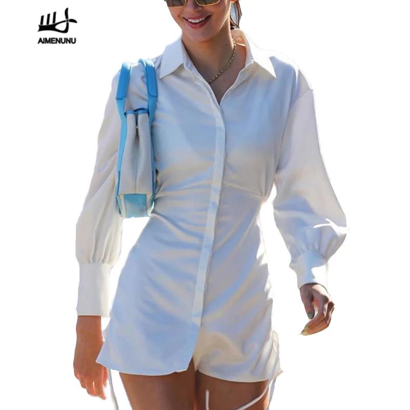 AIMENUNU элегантные боковые кружевные богатые рубашки платье для женщин с отворотом