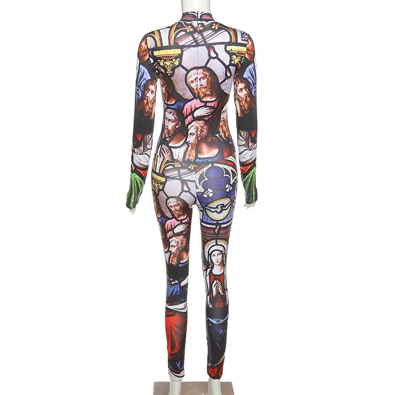

NewAsia Autumn Bodycon Jumpsuit Long Sleeve Print Overalls for Women Sexy Party Club Outfits Skinny Romper Fashion Sports Wear