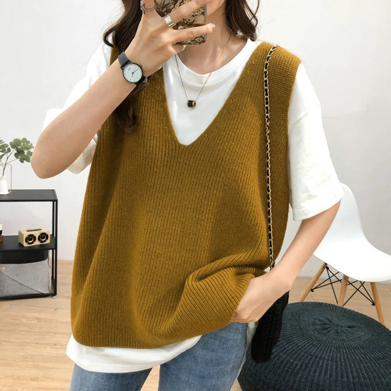 

Винтажный однотонный трикотажный жилет DYCMM с V-образным вырезом, женские свободные Джемперы, женский свитер, жилет, женские повседневные май...