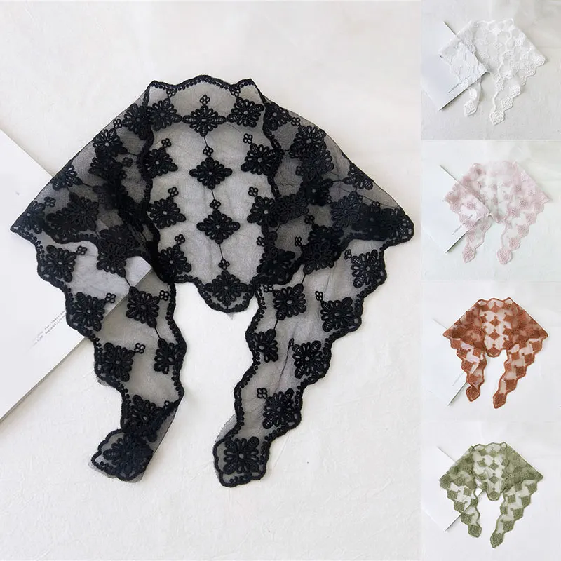 Женский платок на голову вышитый треугольный прозрачный кружевной цветочный