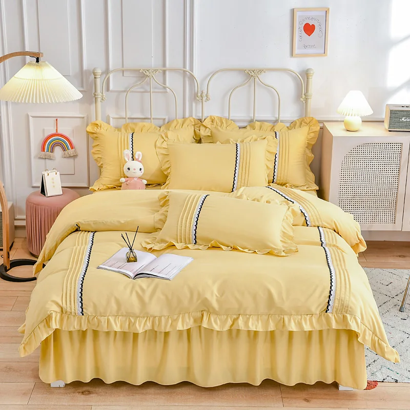 

2021 Korean Bedding Set Green White Solid Ruffles Duvet Cover Cotton&Polyester Flat Sheet Or Bed Skirt Bedclothes Home Textile