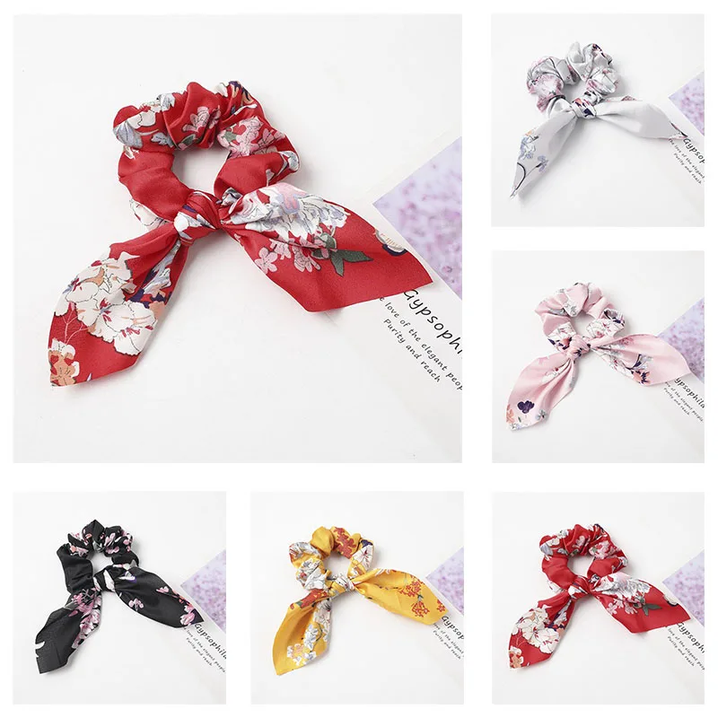 

Fashion Silk Satin Bow Scrunchie Elastic Hair Ropes Ring Ponytail Holder Print Ponytail Hair Rope