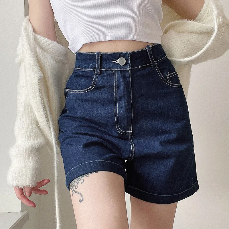 

WEPBEL Women's Heart Patchwork Denim Shorts Spring Summer Vintage High Waist Loose Wide Leg Knee Length Short Jeans Streetwear