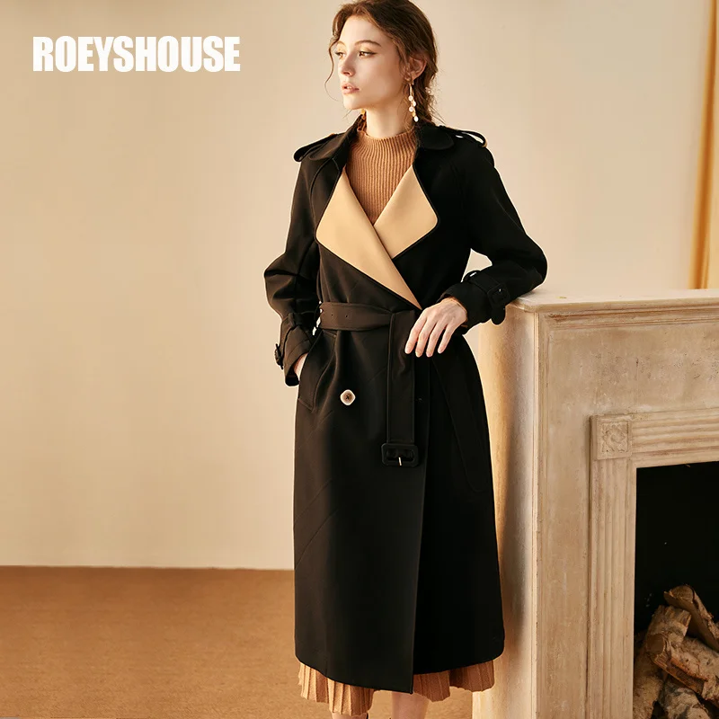 

British warm windbreaker women's autumn and winter new intellectual commuting Black Slim tie medium length coat