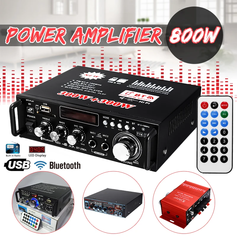 800 Вт 600 Вт автомобильный усилитель Hi-Fi 2 CH аудио Мощность усилитель 12/220V дома Театр усилитель аудио Поддержка цифровой FM радио USB SD/пульт дистанционного управления Управление
