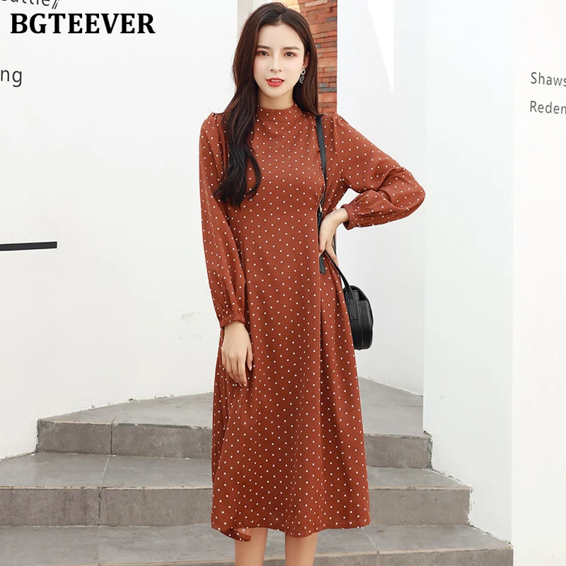 Платье BGTEEVER женское в горошек винтажное миди платье с воротником стойкой рукавом