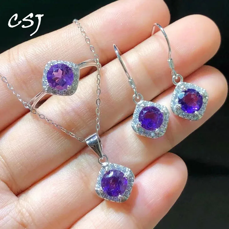 CSJ Natural Amethyst Jewelry Sets Sterling 925 Silver Gemstone 6mm Fine Jewelry for Women Lady Party Birthday Gift