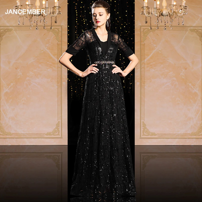 

J9049 jancamber А-силуэт торжественное платье вечернее с глубоким v-образным вырезом бисер блесток кружева элегантное черное платье длинное abito lungo...