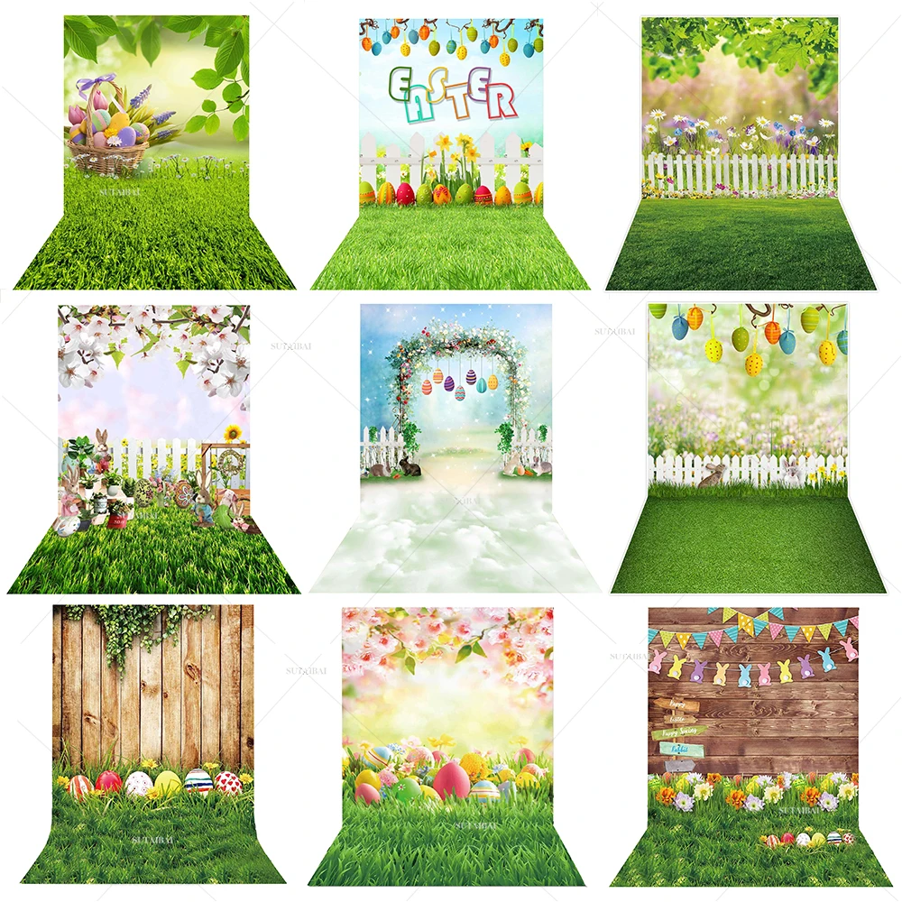

Spring Happy Easter Photography Backdrop Easter Eggs Green Grass Floral Background Baby Kids Portrait Party Decor Photo Booth