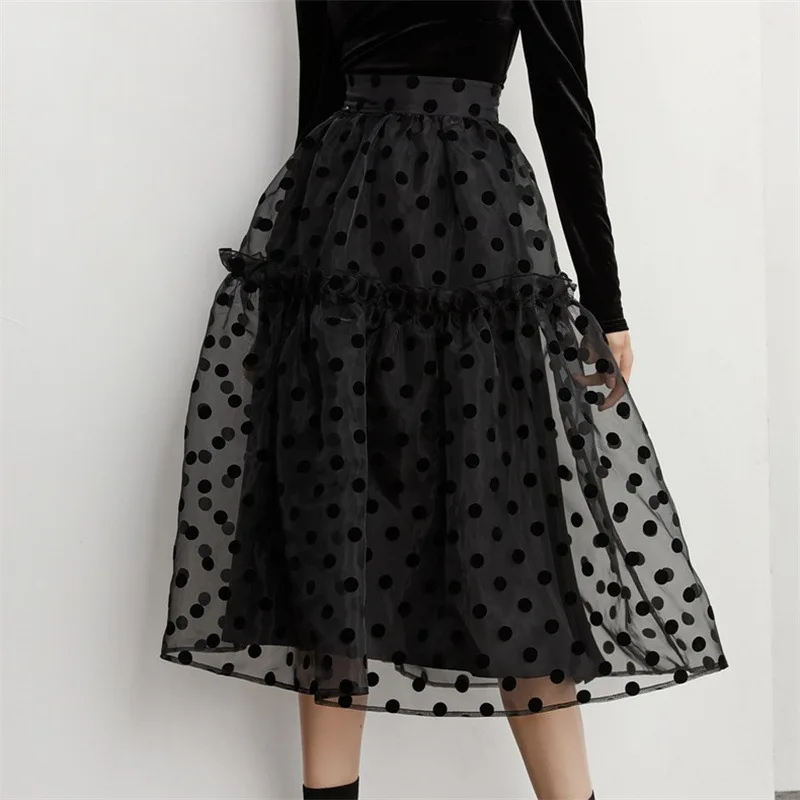 

Black Organza Skirt Women Elastic High Waist A Line Style Midi Skirts Elegant Fashion Dot Knee Length Ladies Casual Bottoms Jupe