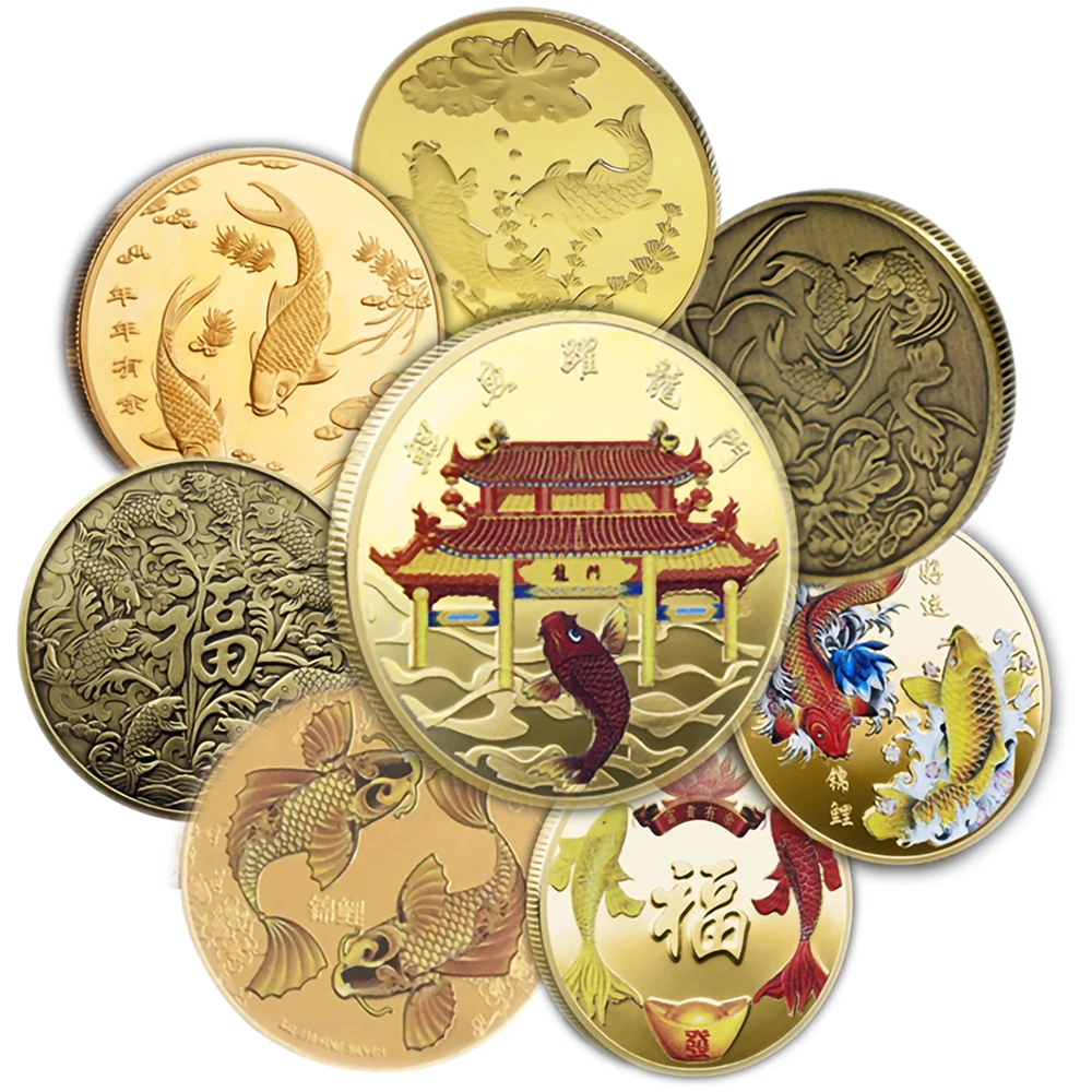 

Китайская фу означает удачу вам, памятная монета кои, талисман на карпа, золотые и серебряные монеты, рельефный металлический значок, подарок